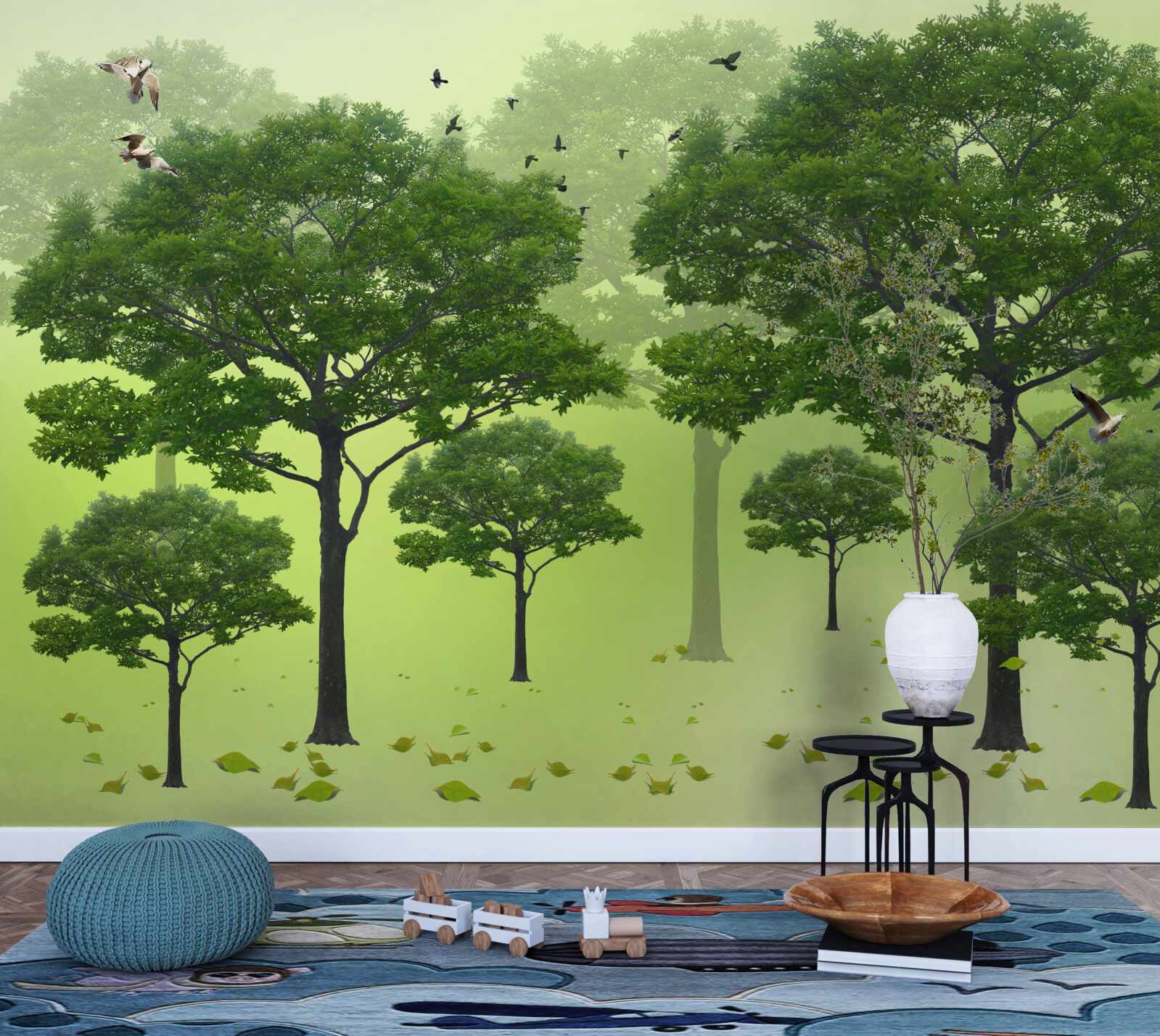 Papier peint forêt matinale couverte de feuilles vertes