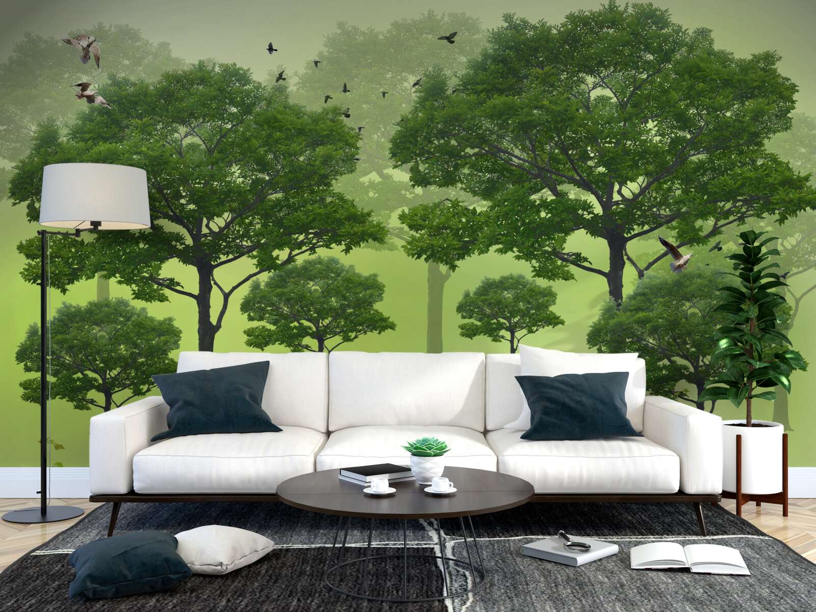 Papier peint forêt matinale couverte de feuilles vertes