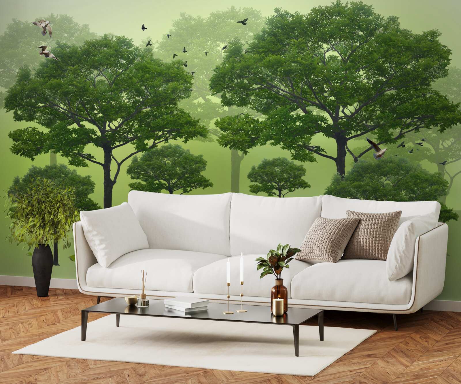 Papier peint forêt matinale couverte de feuilles vertes