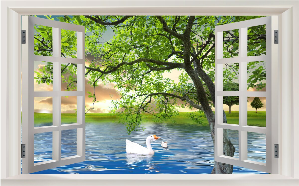 Papier peint Un cygne flotte près de la fenêtre