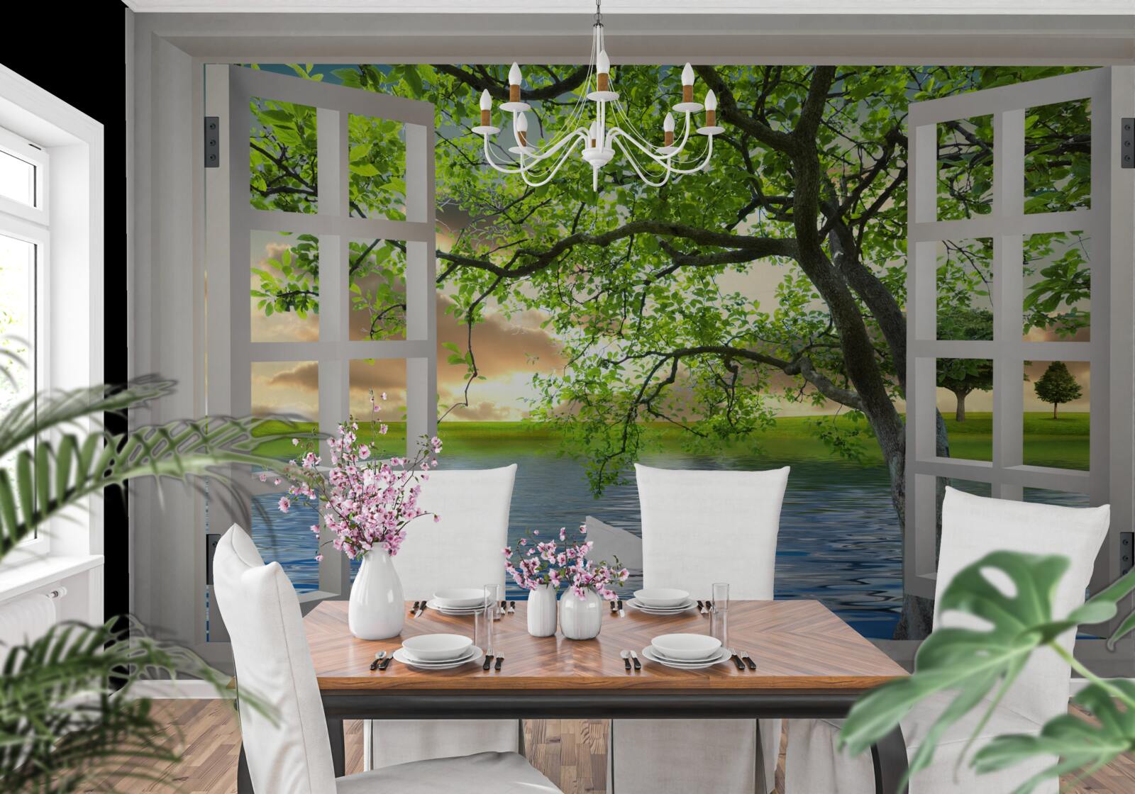 Papier peint Un cygne flotte près de la fenêtre