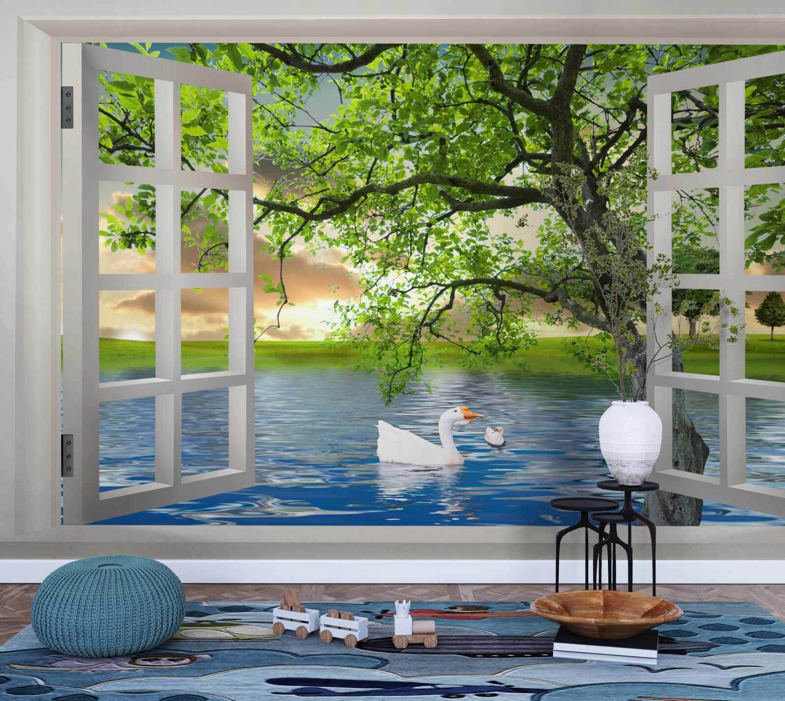 Papier peint Un cygne flotte près de la fenêtre