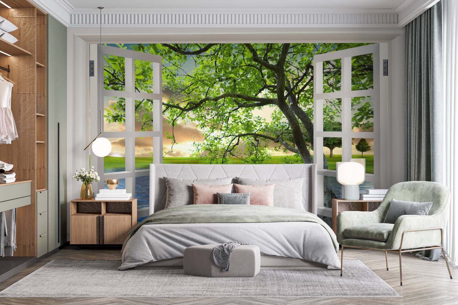 Papier peint Un cygne flotte près de la fenêtre