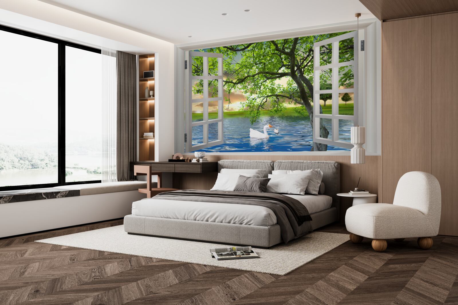 Papier peint Un cygne flotte près de la fenêtre