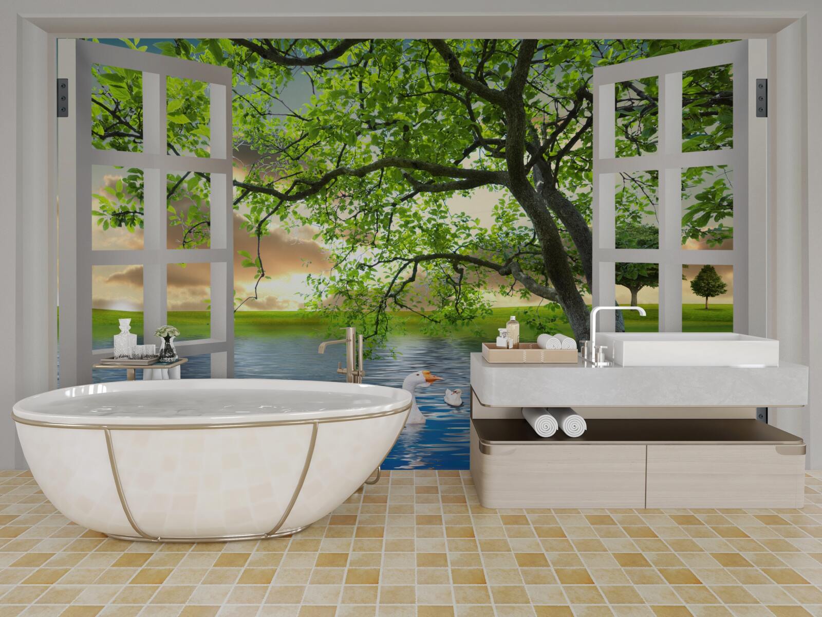 Papier peint Un cygne flotte près de la fenêtre