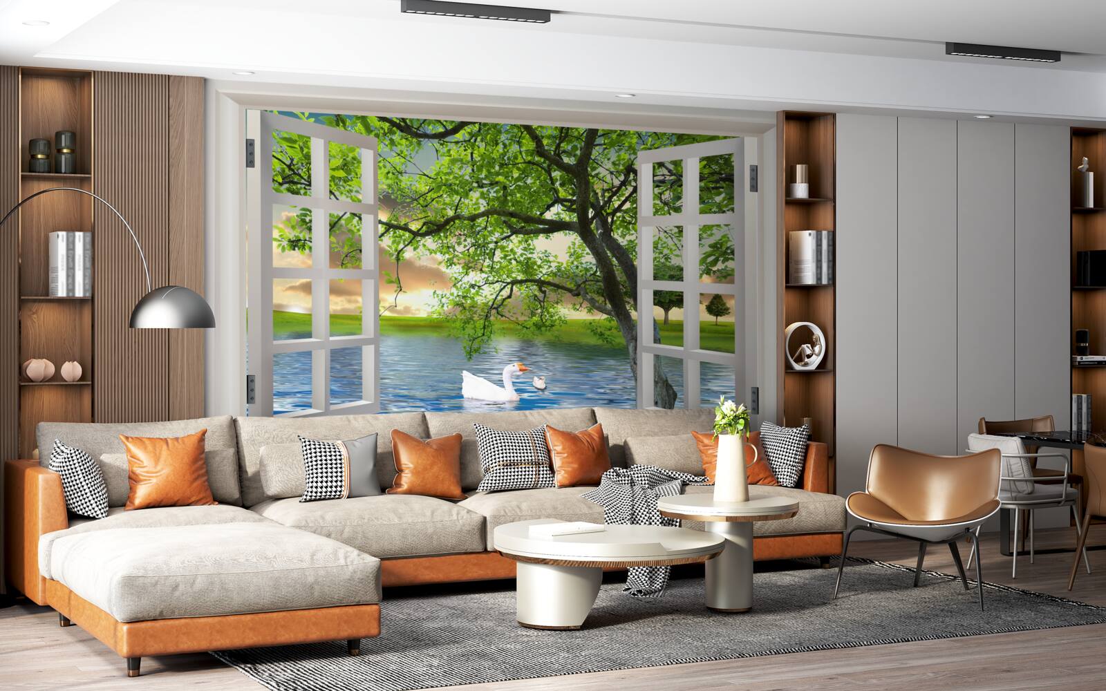 Papier peint Un cygne flotte près de la fenêtre