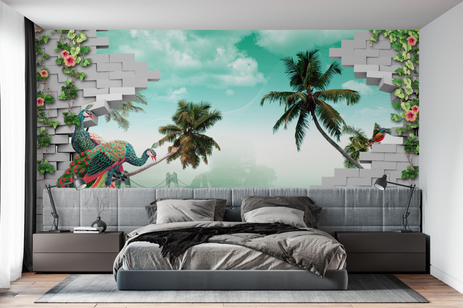 Papier peint paons dans l'arbre