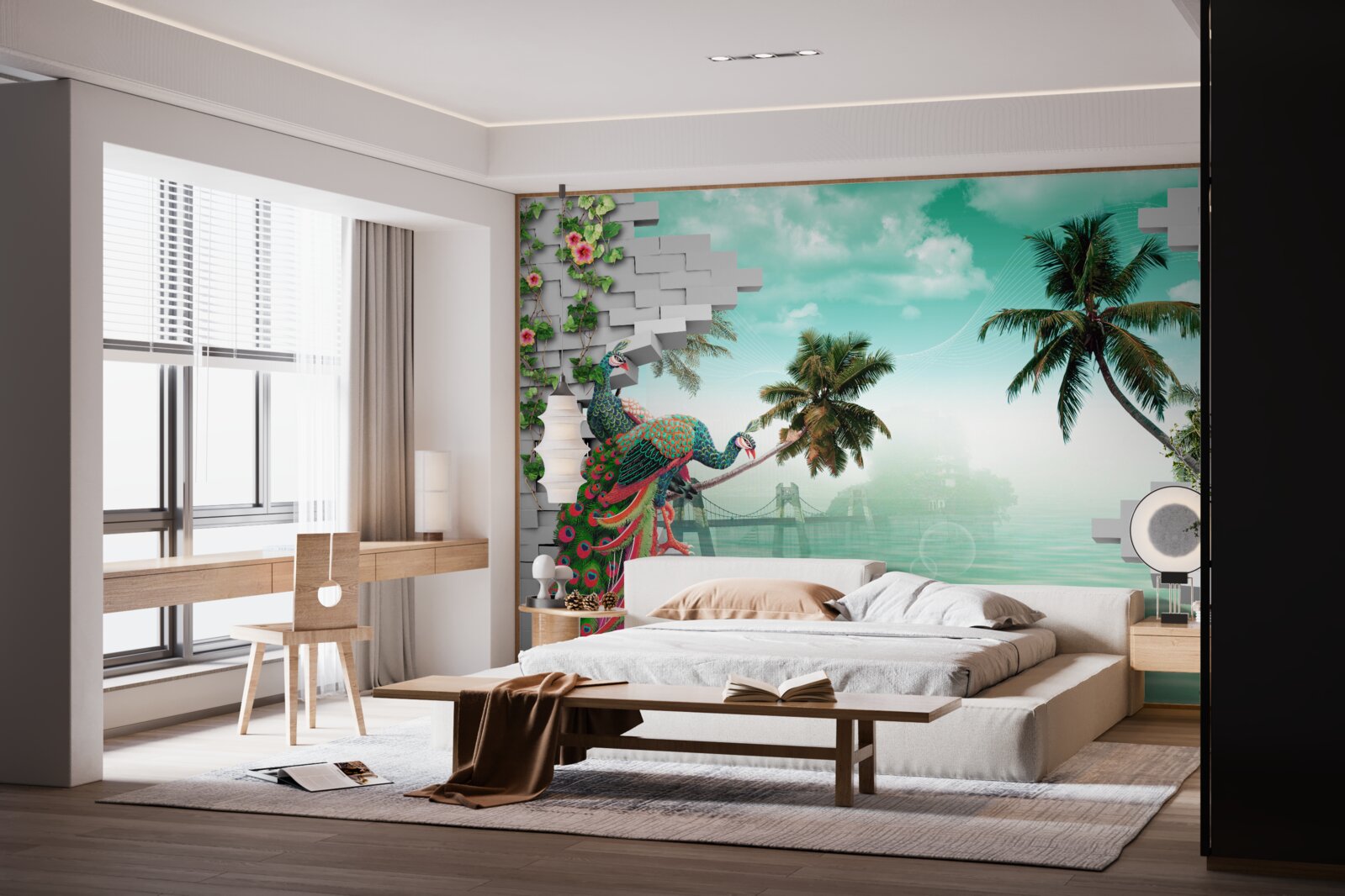 Papier peint paons dans l'arbre