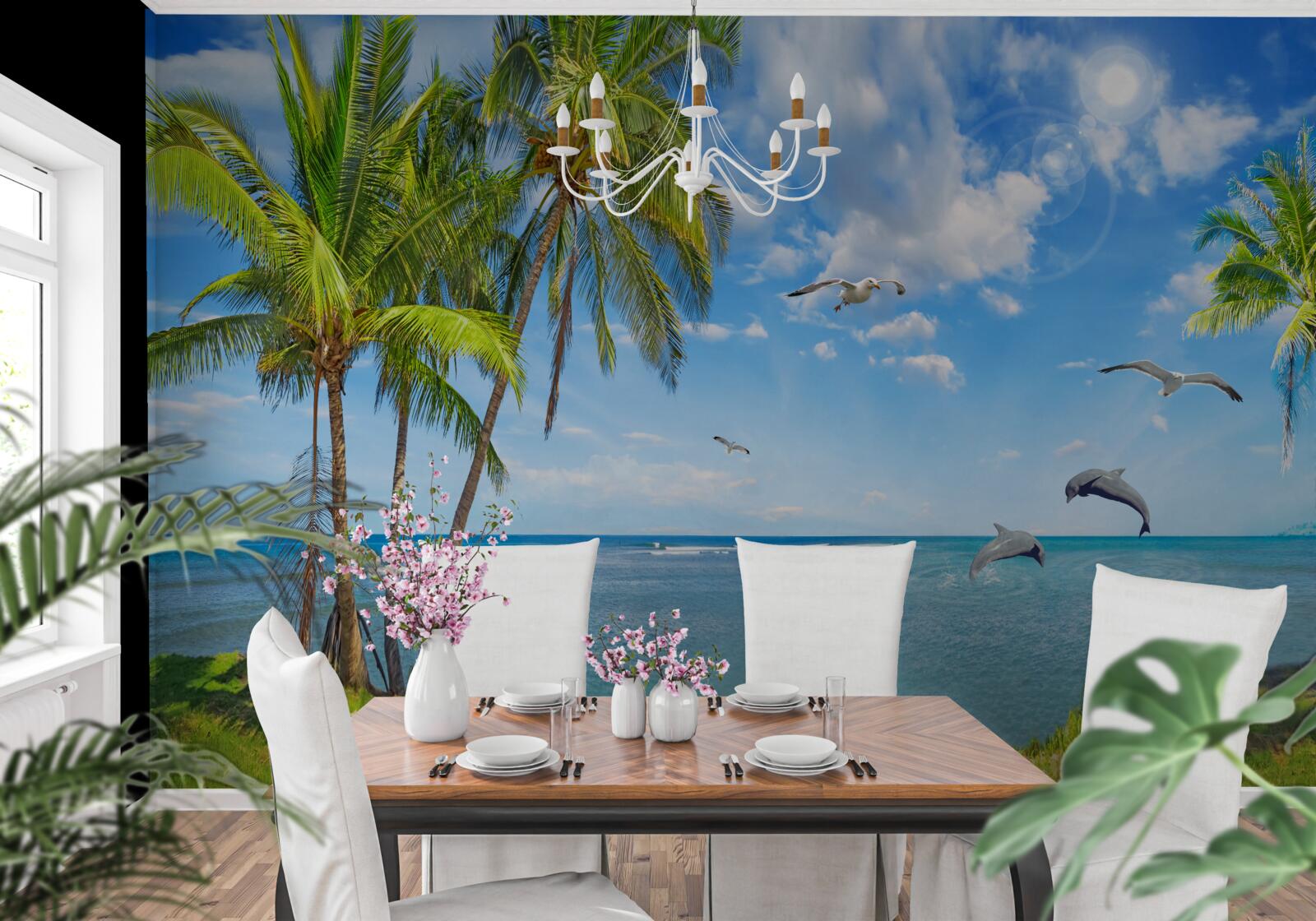 Papier peint dauphins sur un paysage marin