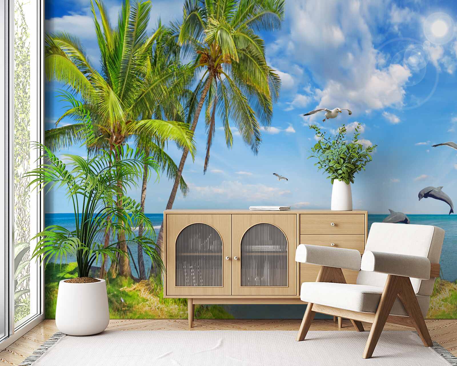 Papier peint dauphins sur un paysage marin