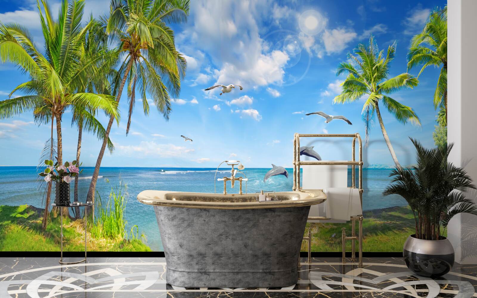 Papier peint dauphins sur un paysage marin