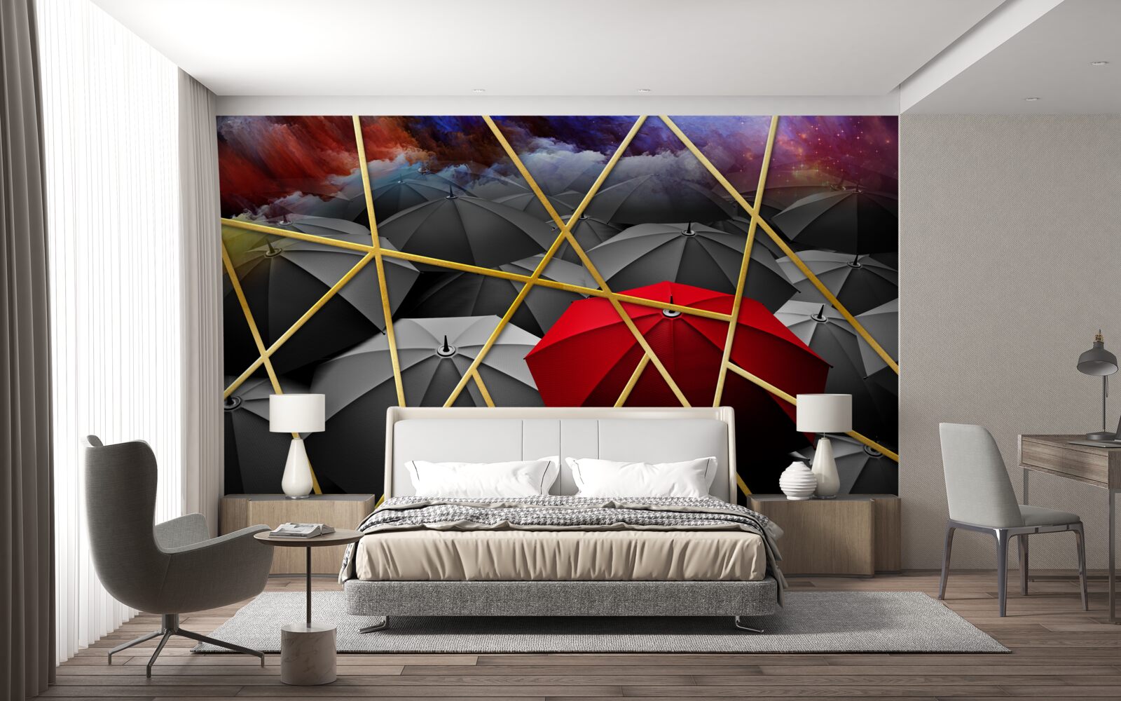 Papier peint filet doré sur fond gris accentué par un parapluie rouge