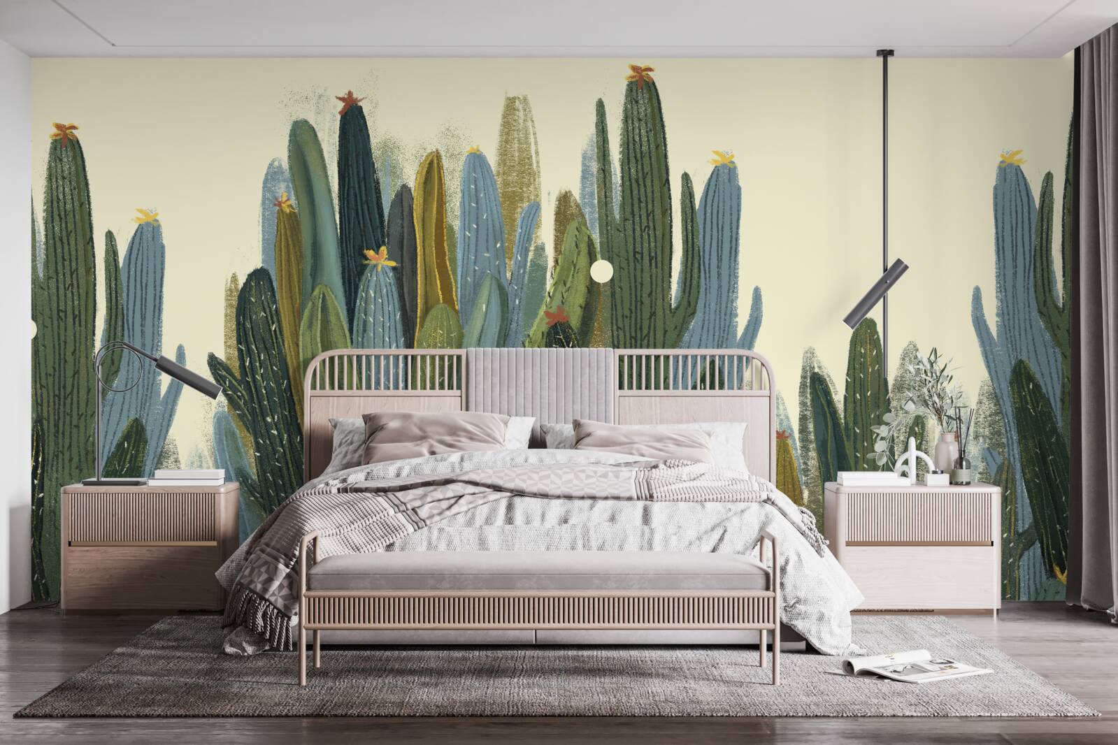 Papier peint fille aux cheveux roux parmi les cactus