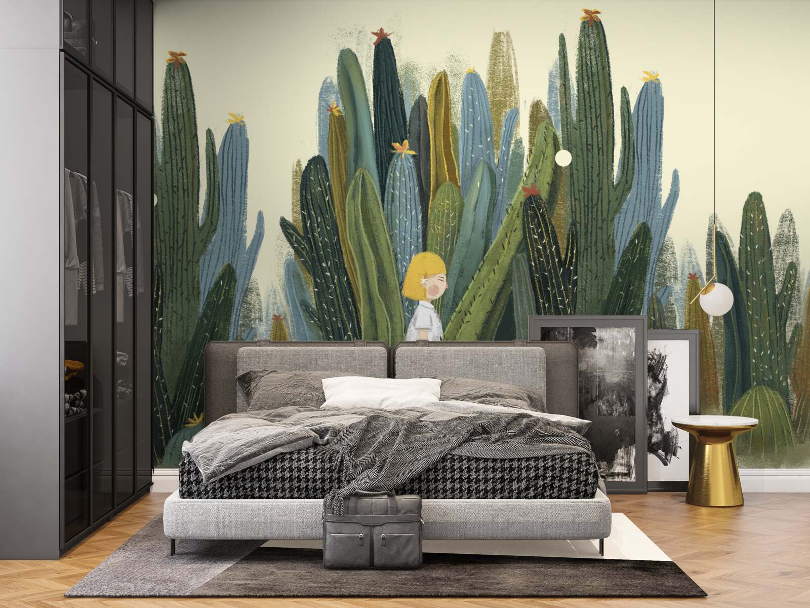 Papier peint fille aux cheveux roux parmi les cactus