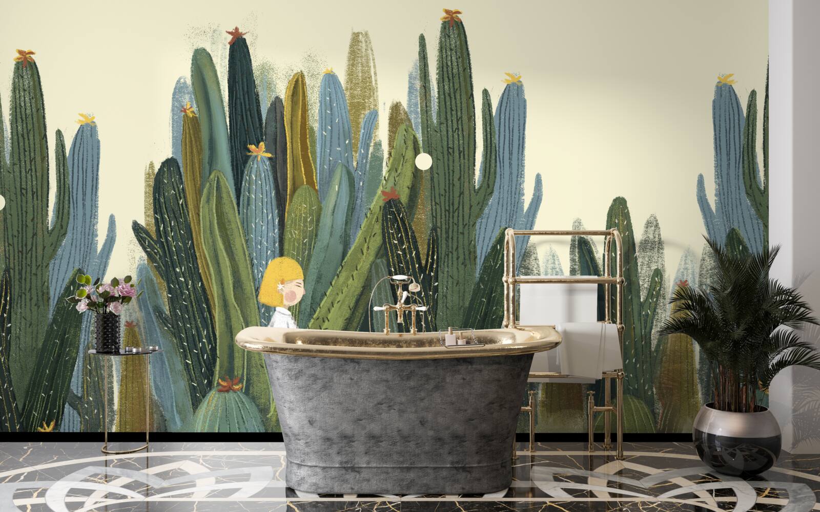 Papier peint fille aux cheveux roux parmi les cactus