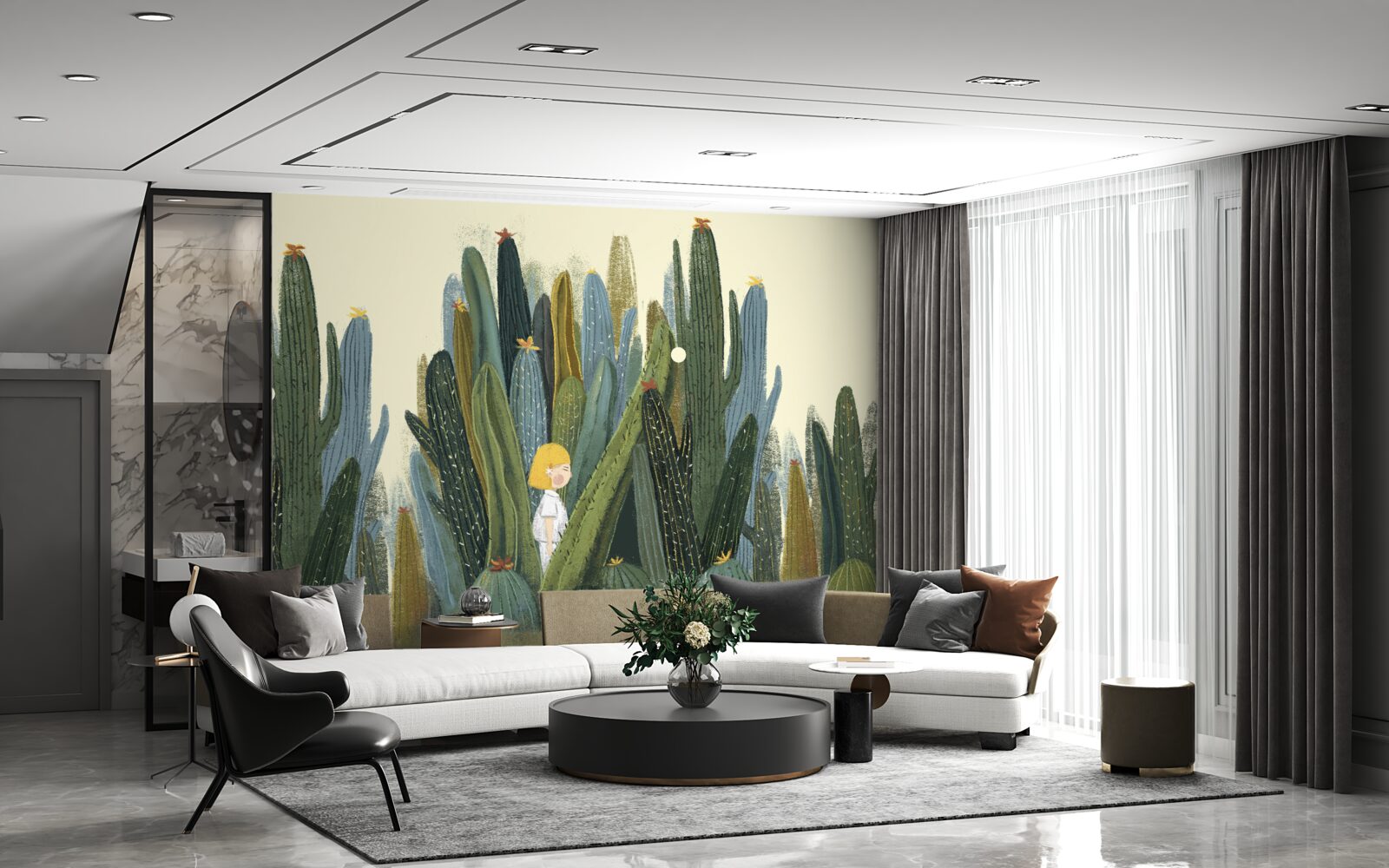 Papier peint fille aux cheveux roux parmi les cactus