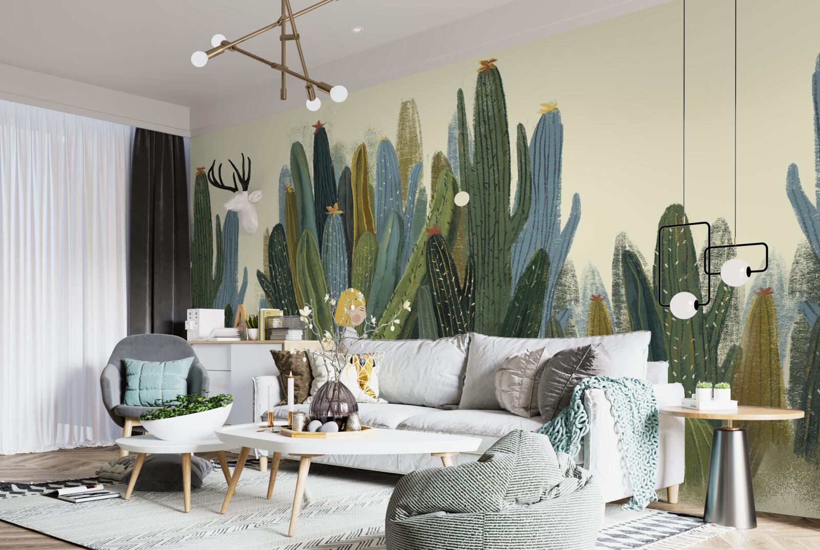 Papier peint fille aux cheveux roux parmi les cactus