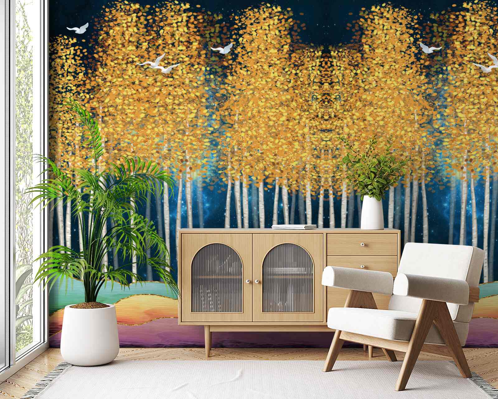 Papier peint d'élégants bouleaux prêts pour une nuit de sommeil