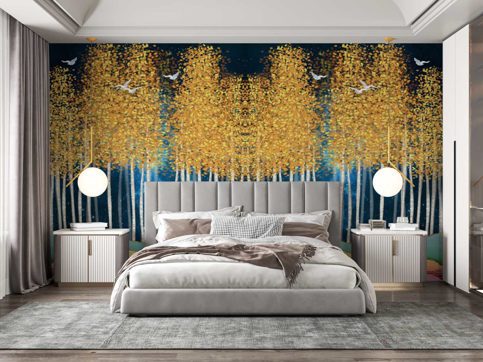 Papier peint d'élégants bouleaux prêts pour une nuit de sommeil