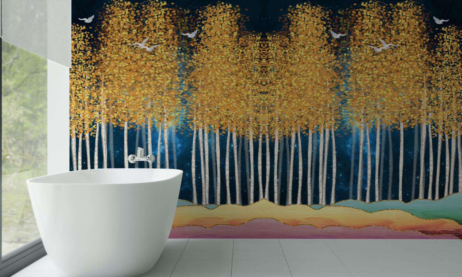 Papier peint d'élégants bouleaux prêts pour une nuit de sommeil