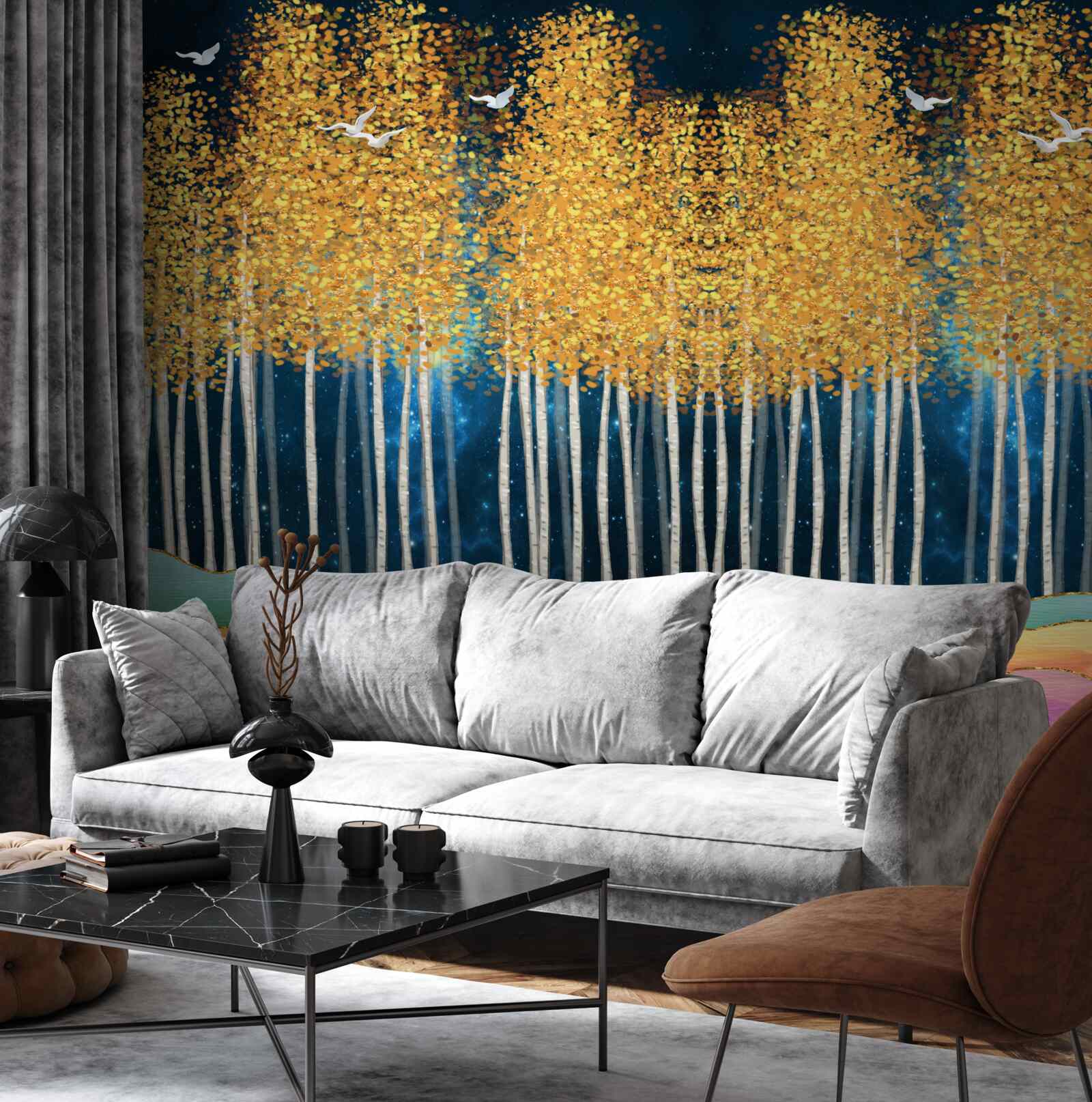 Papier peint d'élégants bouleaux prêts pour une nuit de sommeil