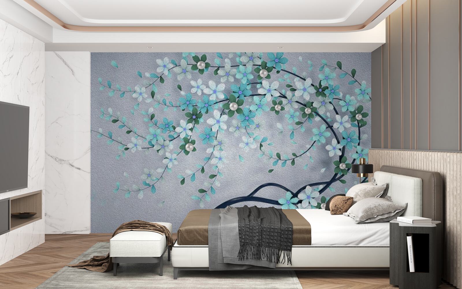 Papier peint un arbre qui plie sous le poids de petites fleurs