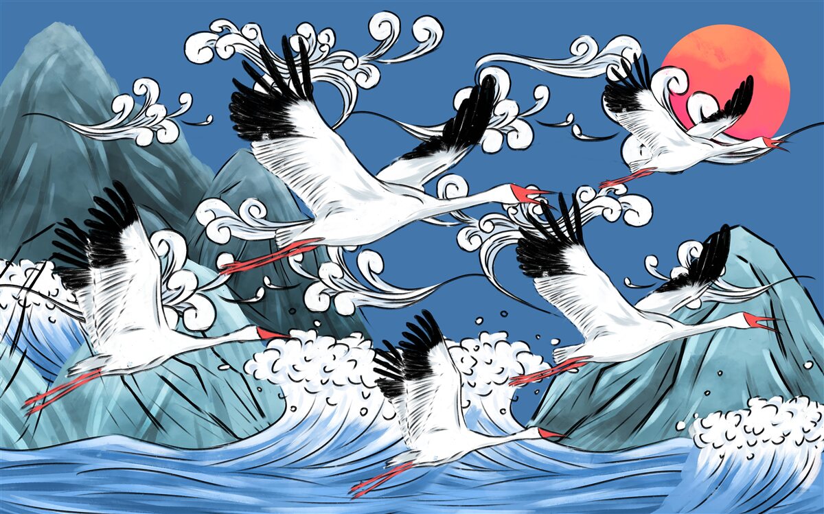 Papier peint cigognes tête vers la mer coucher de soleil