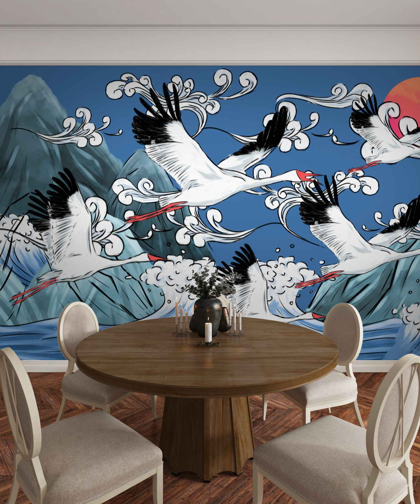 Papier peint cigognes tête vers la mer coucher de soleil