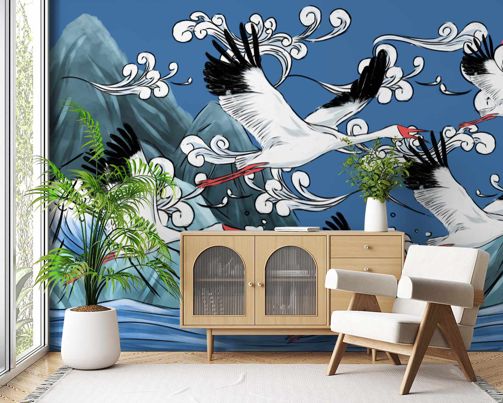 Papier peint cigognes tête vers la mer coucher de soleil