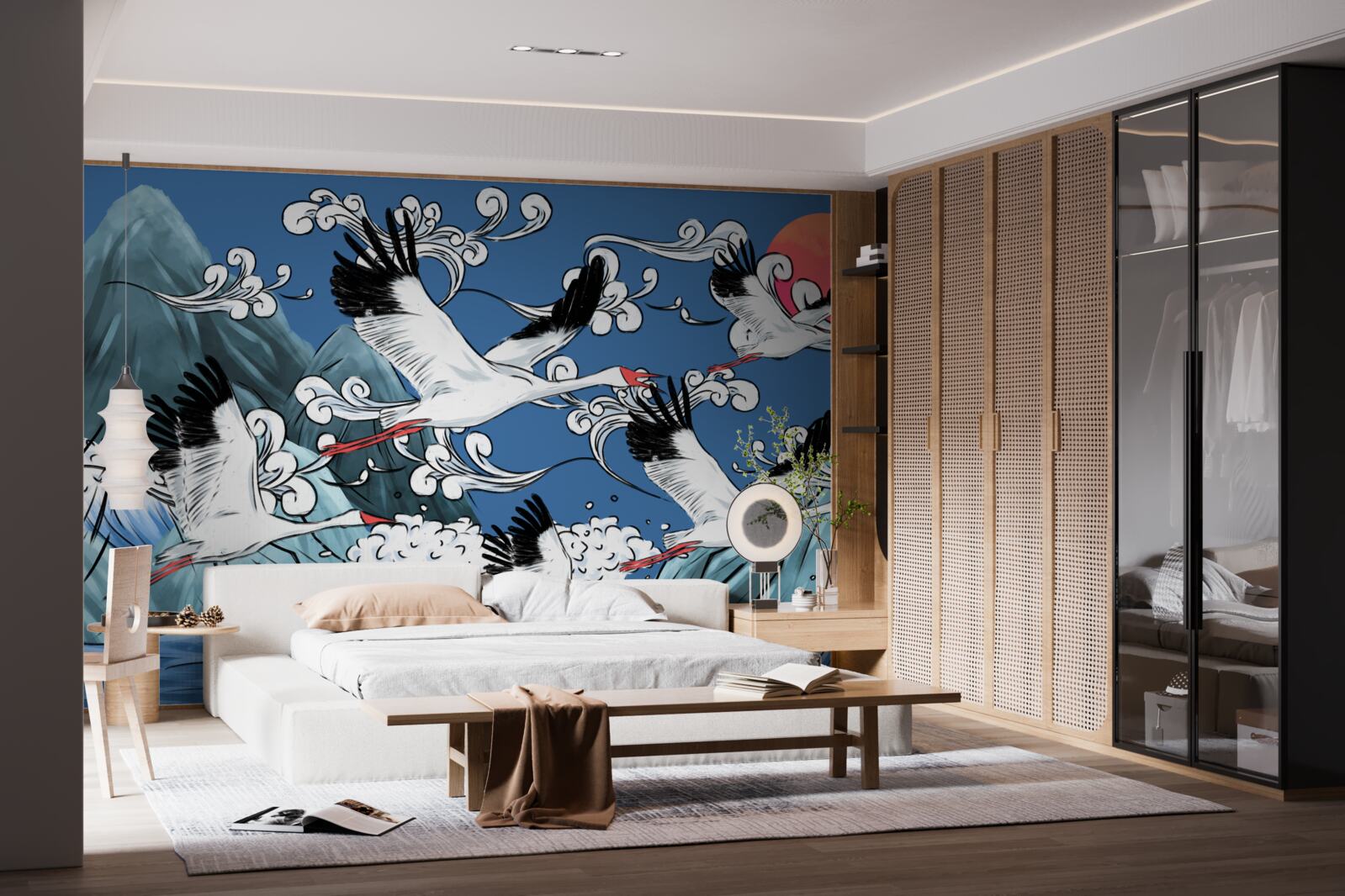 Papier peint cigognes tête vers la mer coucher de soleil