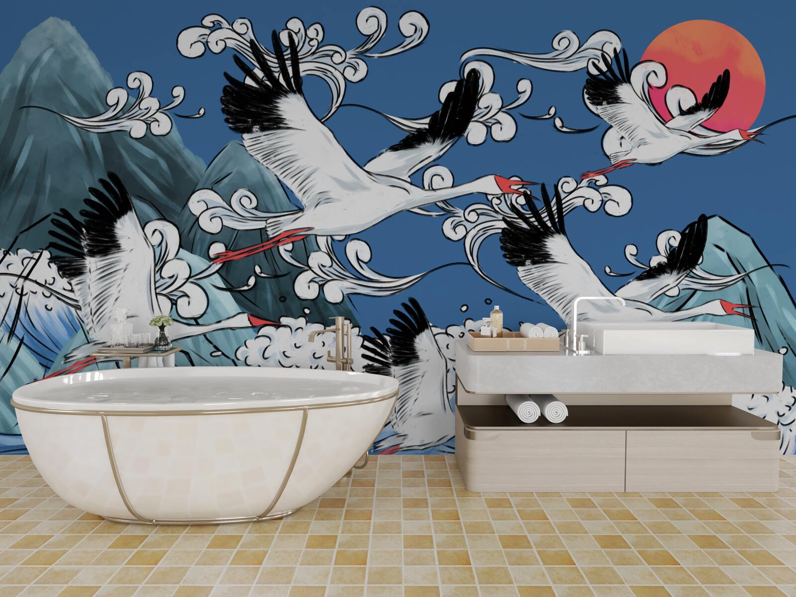 Papier peint cigognes tête vers la mer coucher de soleil