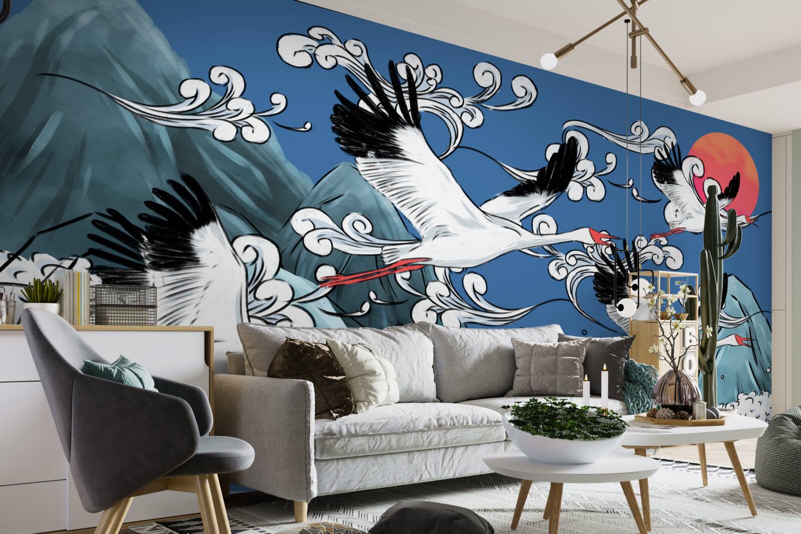 Papier peint cigognes tête vers la mer coucher de soleil