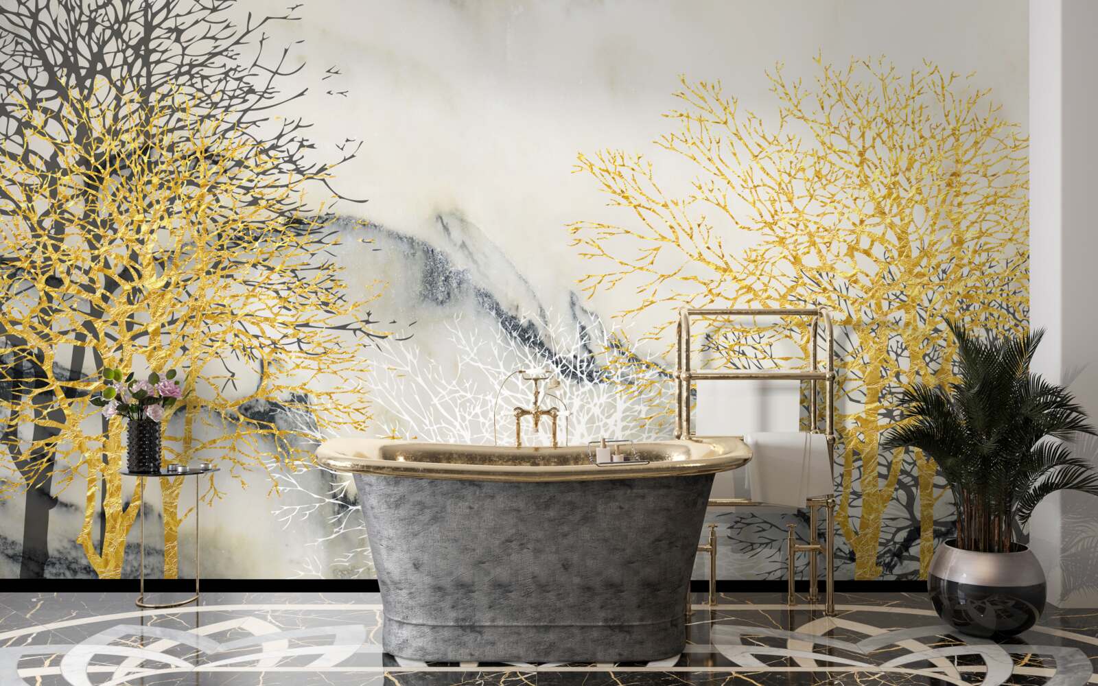 Papier peint arbres d'automne couverts d'or