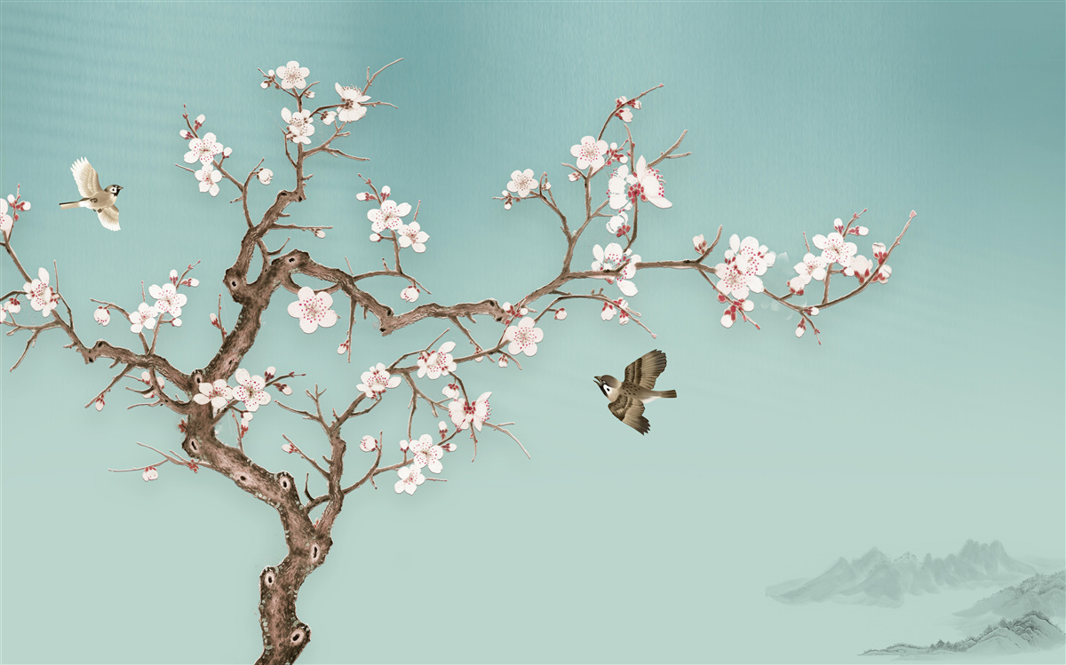 Papier peint les arbres à fleurs blanches sont devenus la cible des vols d'oiseaux