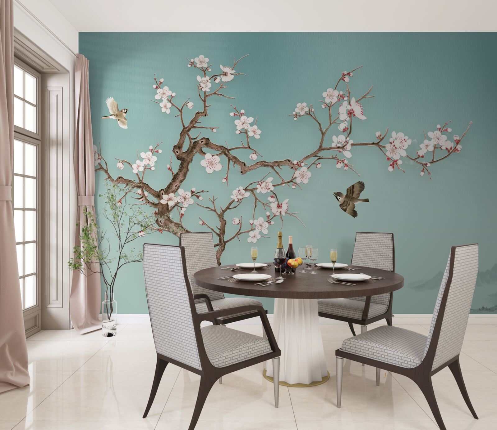 Papier peint les arbres à fleurs blanches sont devenus la cible des vols d'oiseaux