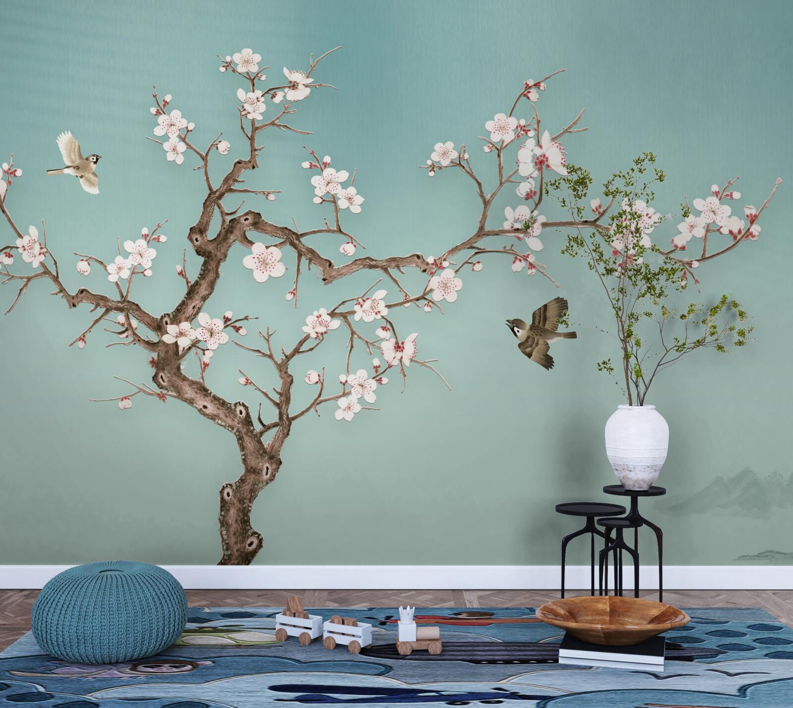 Papier peint les arbres à fleurs blanches sont devenus la cible des vols d'oiseaux