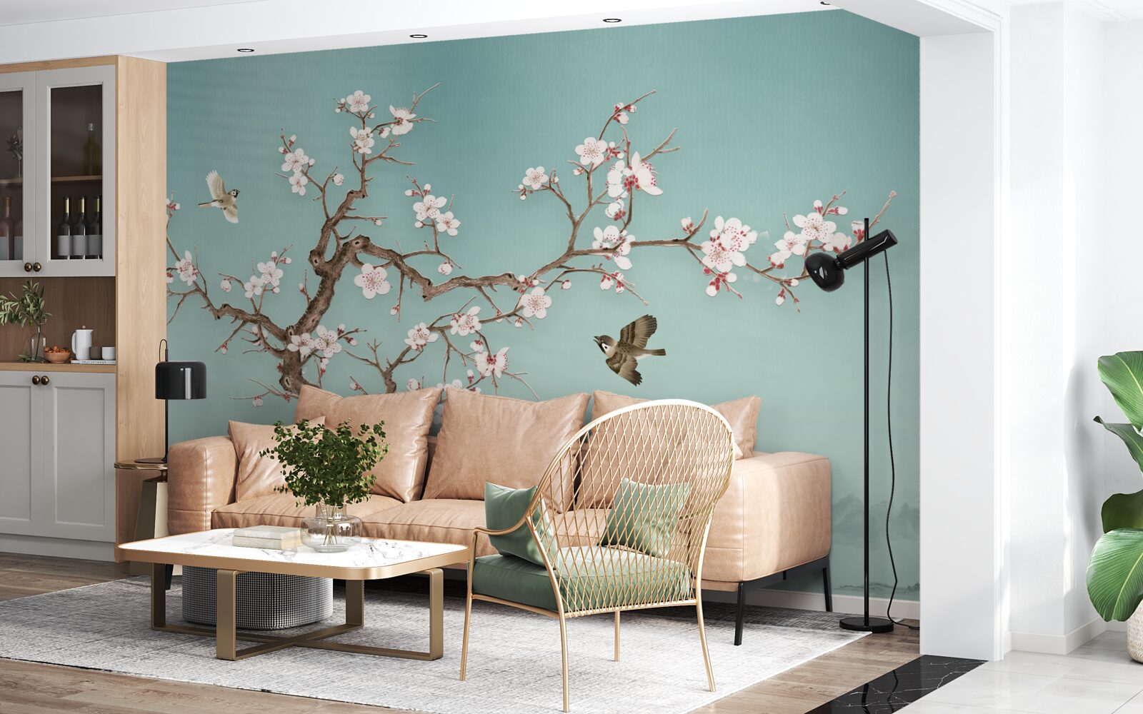 Papier peint les arbres à fleurs blanches sont devenus la cible des vols d'oiseaux