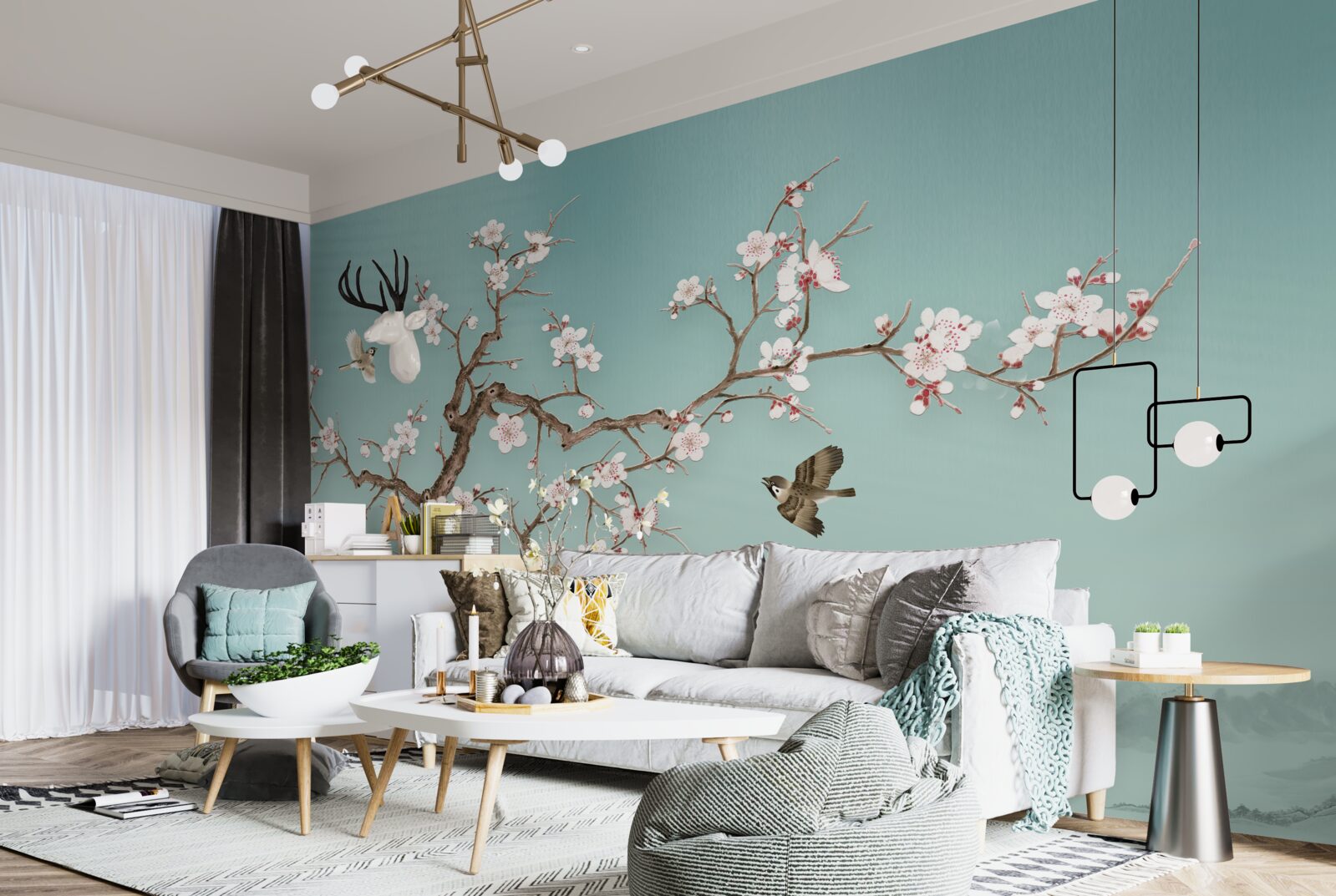 Papier peint les arbres à fleurs blanches sont devenus la cible des vols d'oiseaux