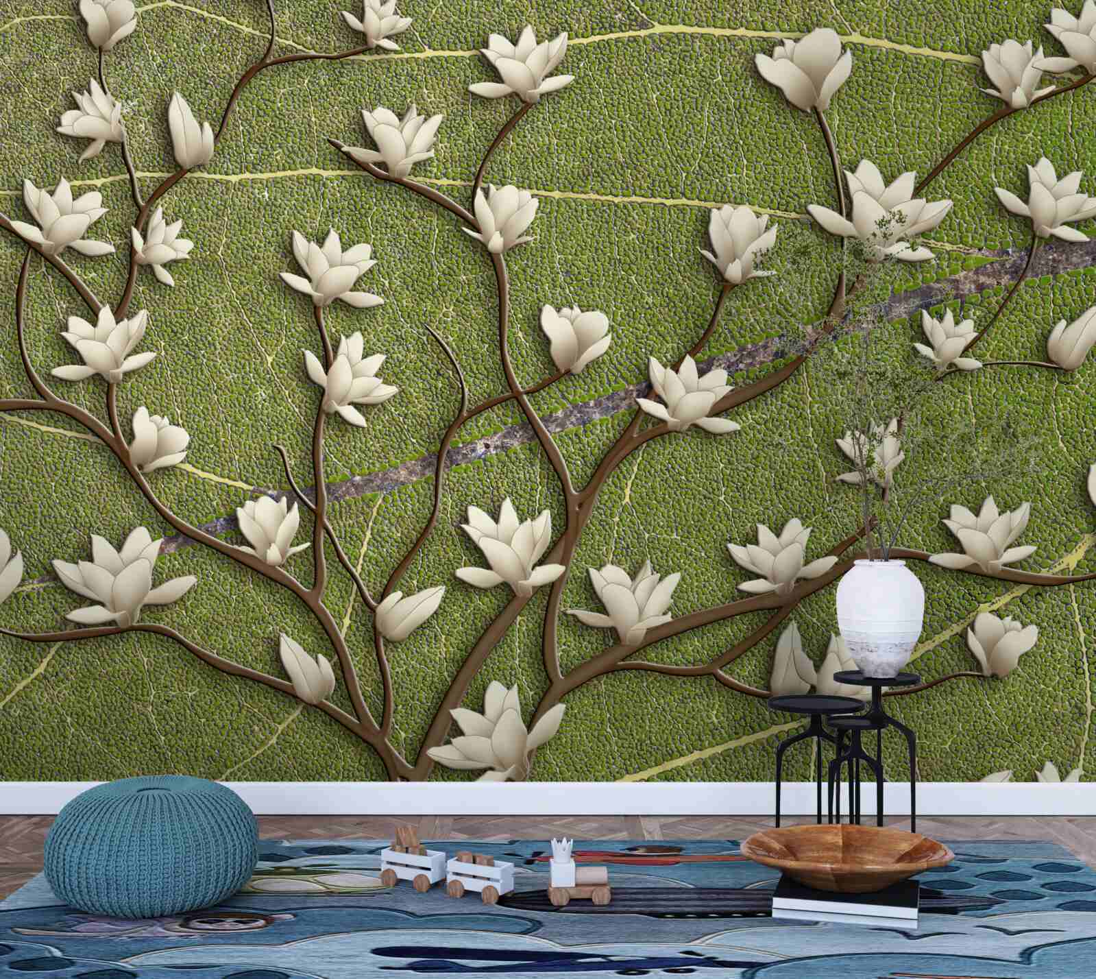 Papier peint Branches de magnolia blanches comme neige sur fond vert