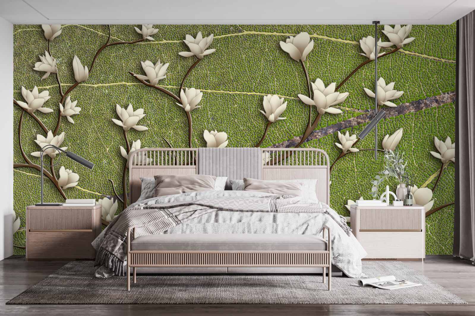 Papier peint Branches de magnolia blanches comme neige sur fond vert