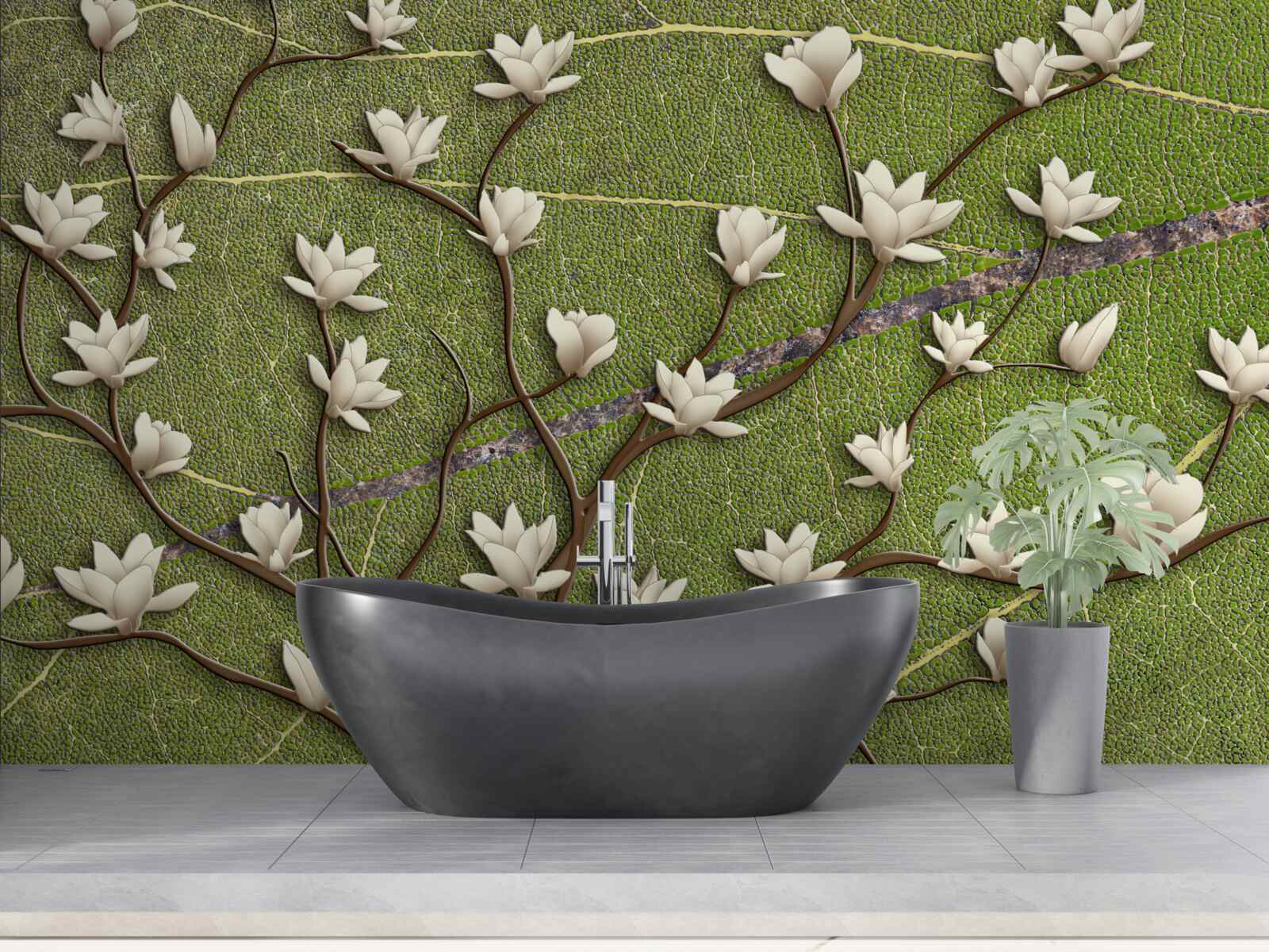 Papier peint Branches de magnolia blanches comme neige sur fond vert