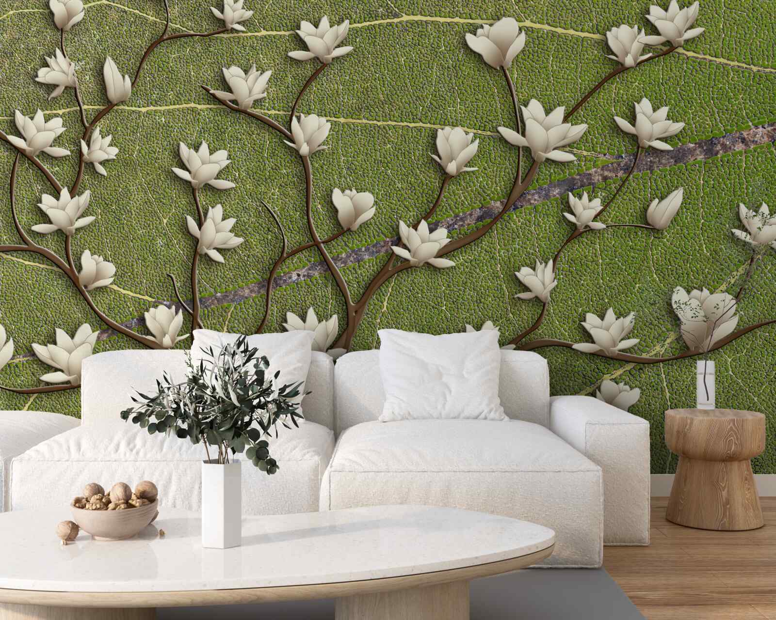 Papier peint Branches de magnolia blanches comme neige sur fond vert