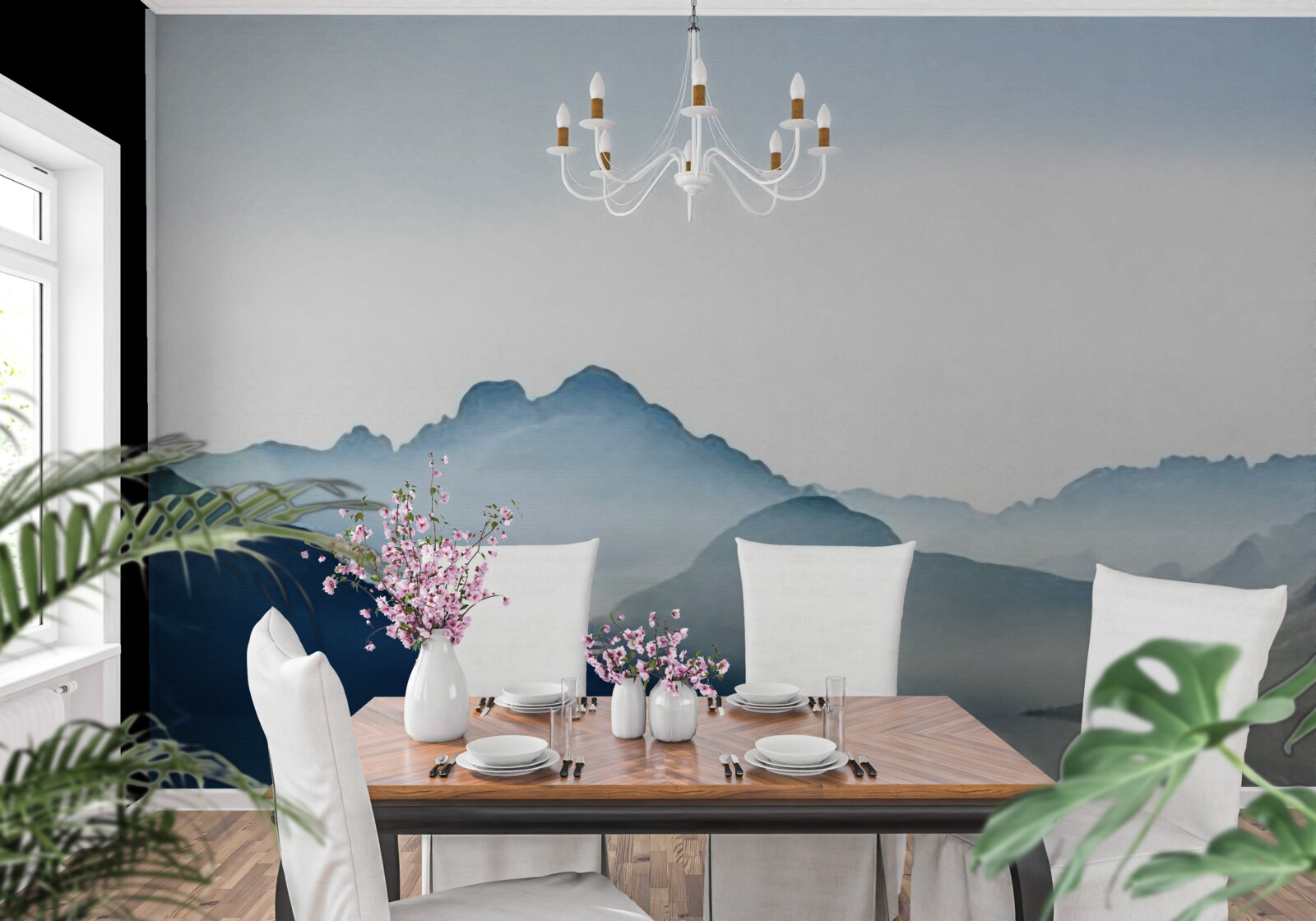 Papier peint miroir brumeux en aquarelle dans les montagnes