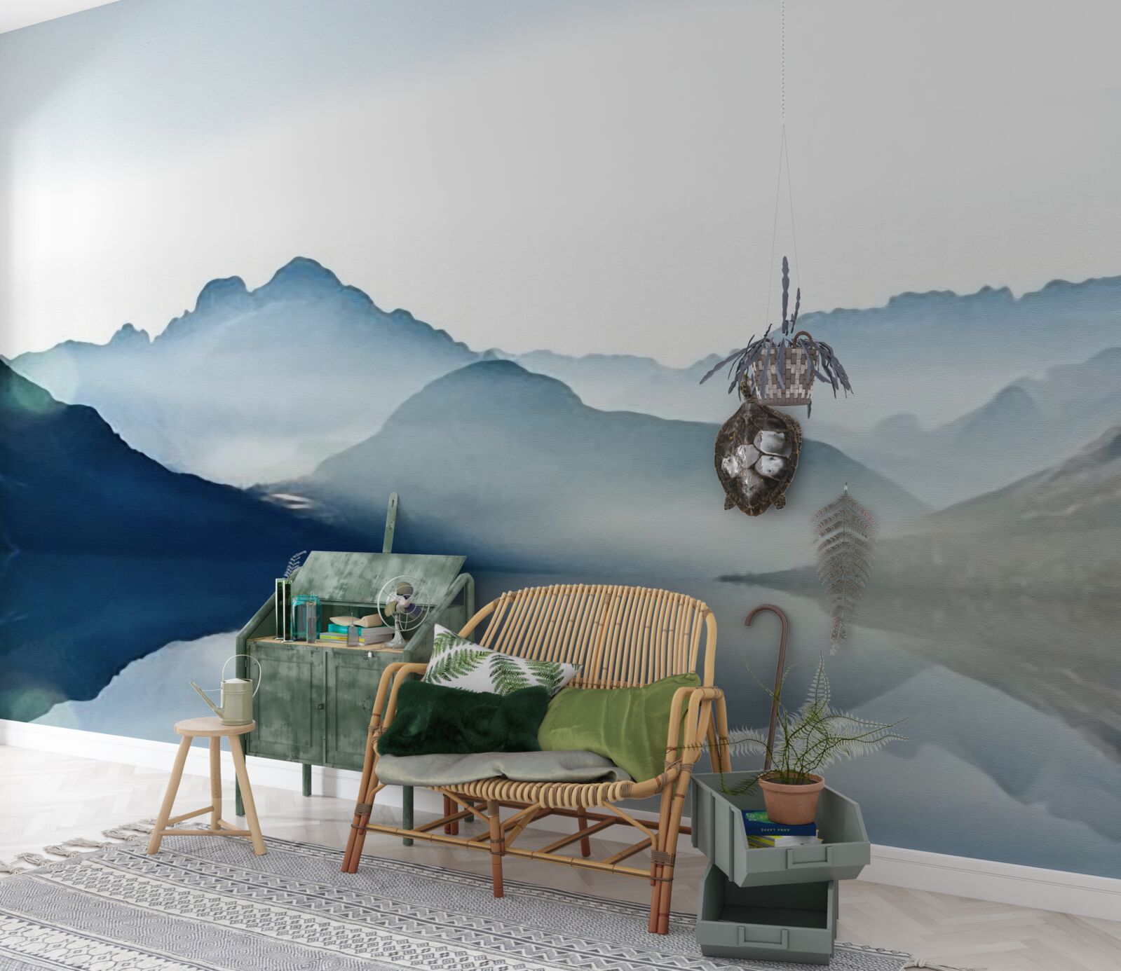 Papier peint miroir brumeux en aquarelle dans les montagnes