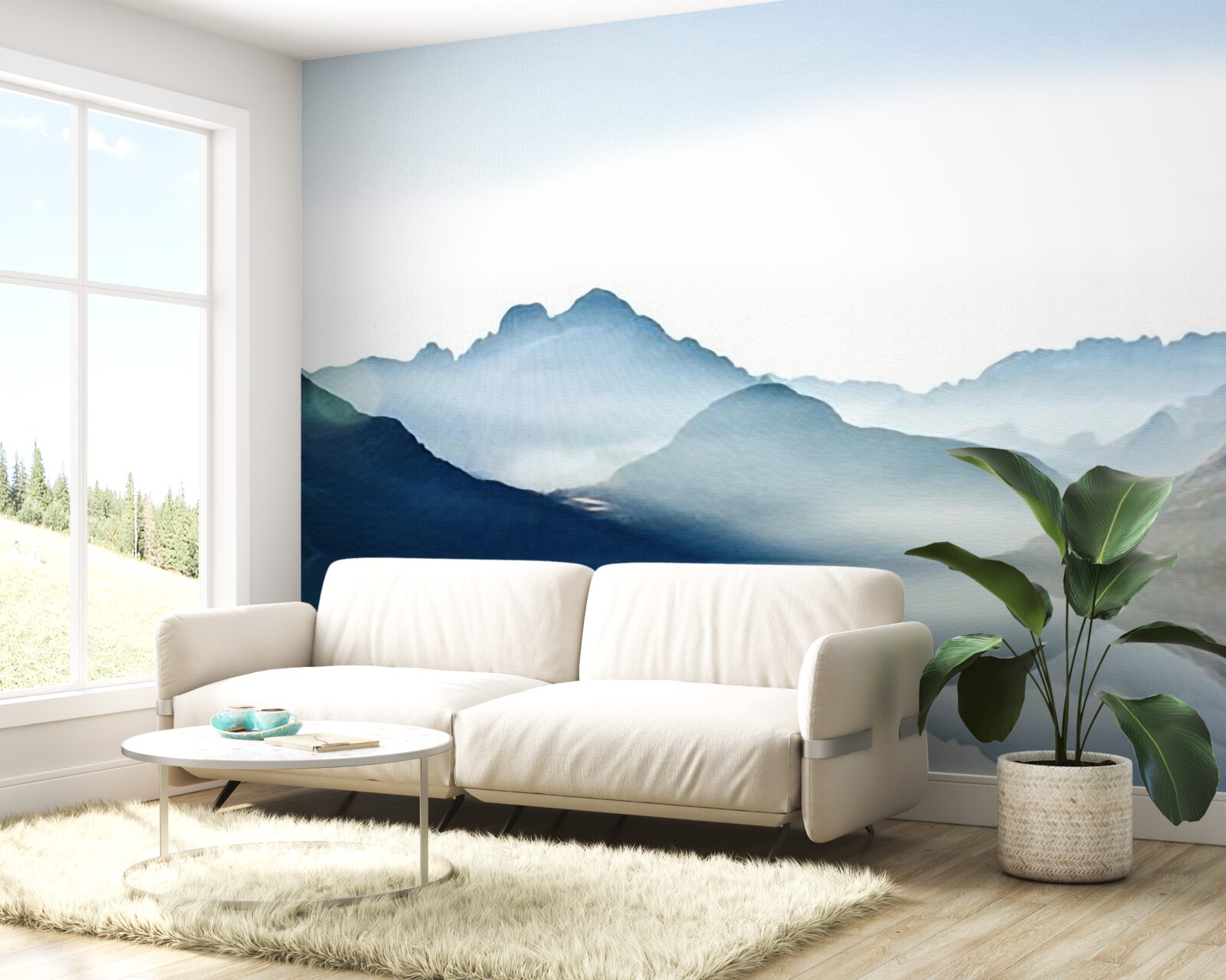 Papier peint miroir brumeux en aquarelle dans les montagnes