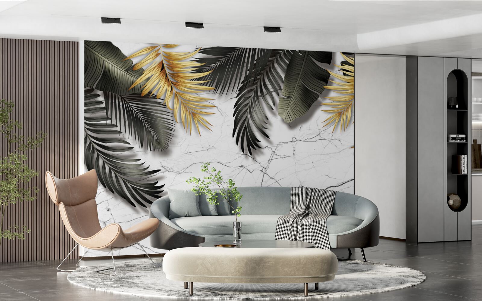 Papier peint le marbre est décoré de feuilles de palmier dorées et noires