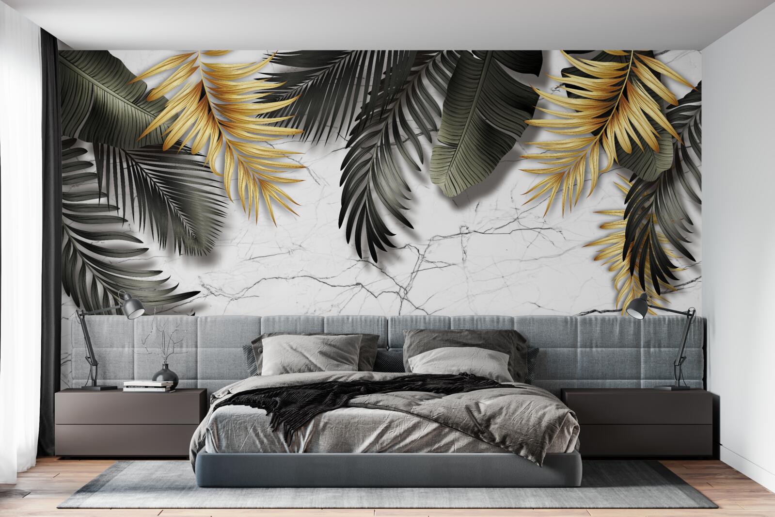 Papier peint le marbre est décoré de feuilles de palmier dorées et noires