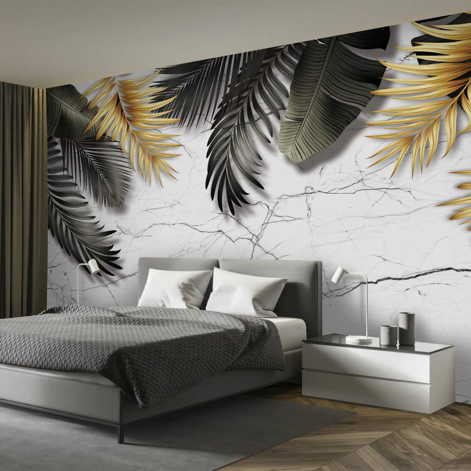 Papier peint le marbre est décoré de feuilles de palmier dorées et noires