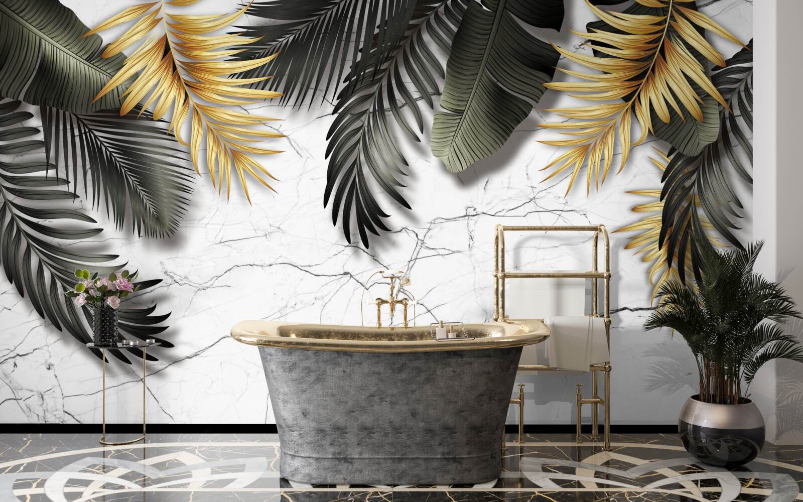 Papier peint le marbre est décoré de feuilles de palmier dorées et noires