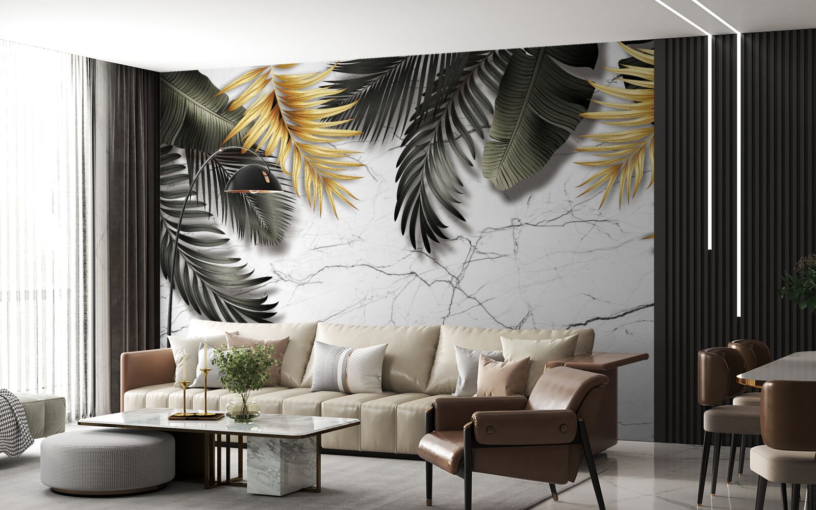 Papier peint le marbre est décoré de feuilles de palmier dorées et noires